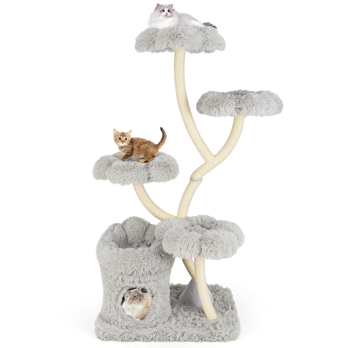 CostwayArbre à Chat de 165 CM Tour à Chat d'Escalade avec 4 Plateformes Rembourrée Poteaux de Grattage en Sisal Niche Privée Gris