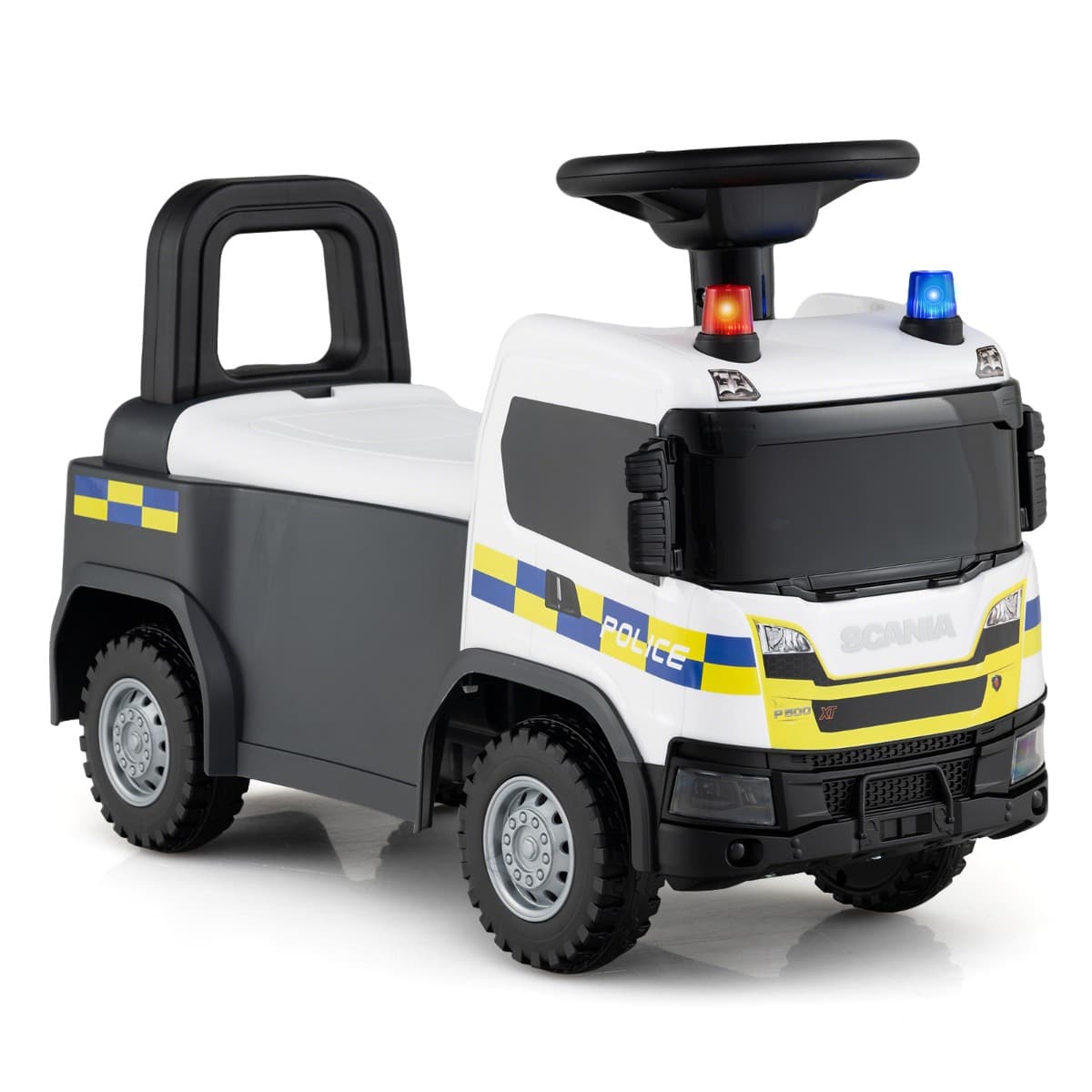CostwayVoiture à Pousser pour Enfants Camion de Pompiers avec Volant Lumières Sirènes Klaxon et Musique Voiture à Glisser pour 18 Mois + Blanc