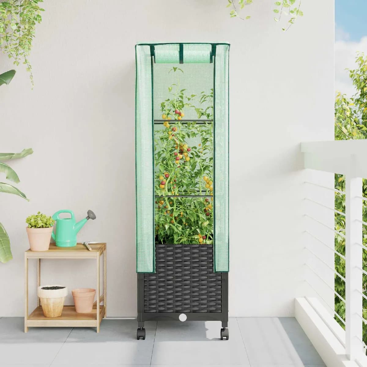 vidaXL Jardinière de jardin avec couverture de serre et roues Noir PP