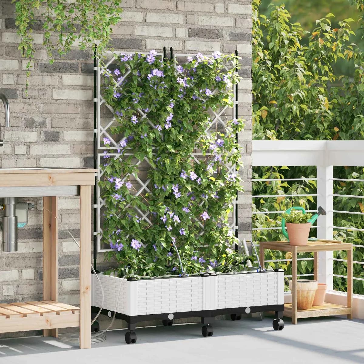 vidaXL Porte-plante de jardin avec irrigation et roues 2 pc Blanc PP