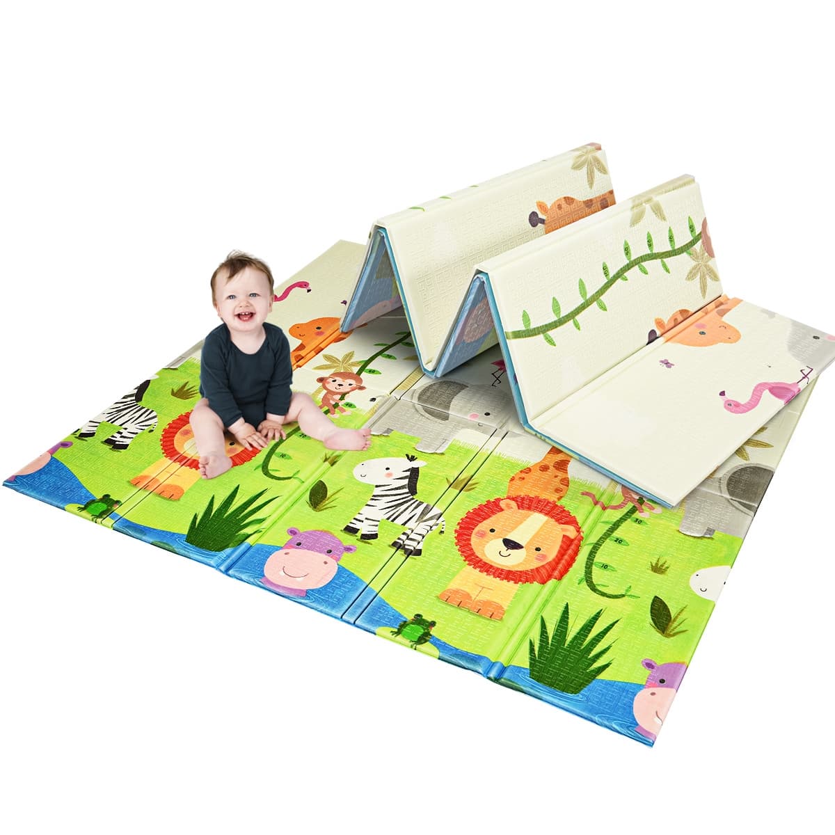 CostwayTapis de Jeu pour Bébé Pliable 200 x 180 x 1,4CM avec l'Image Singe et Poney en Mousse XPE Non Toxique